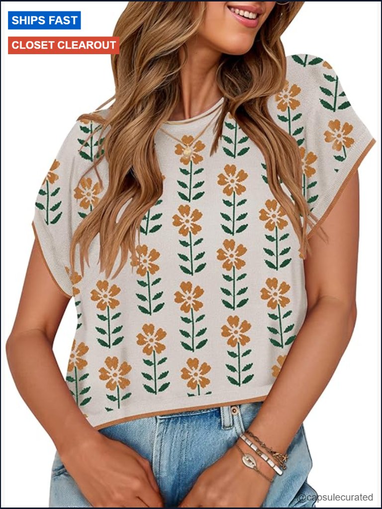 Women's Summer Floral Knit Top Crewneck Cap Sleeve